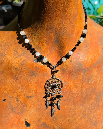 Obsidian Dreamcatcher Macrame Necklace