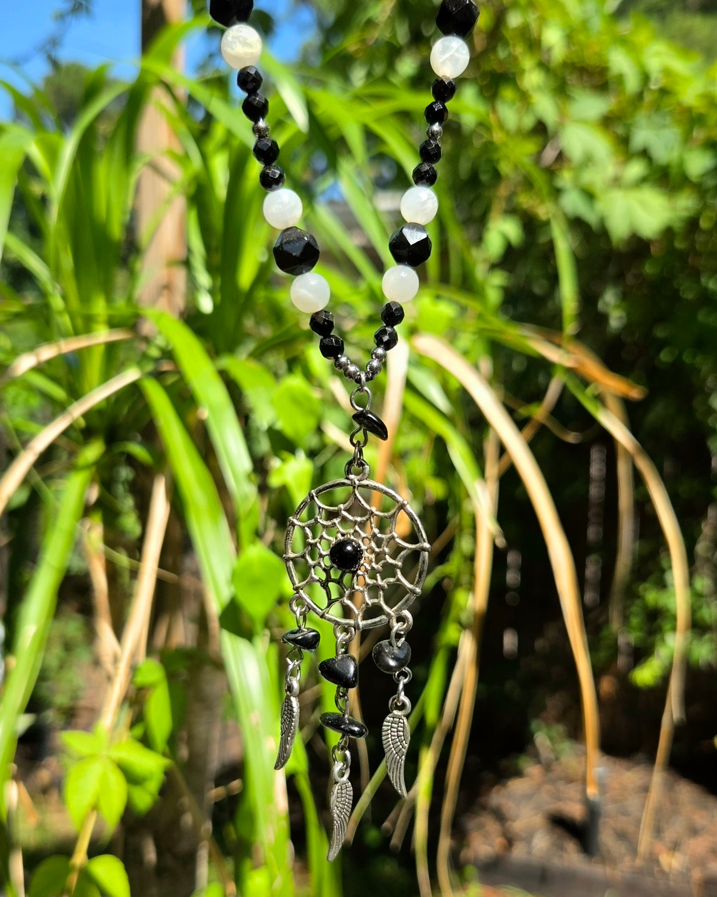 Obsidian Dreamcatcher Macrame Necklace
