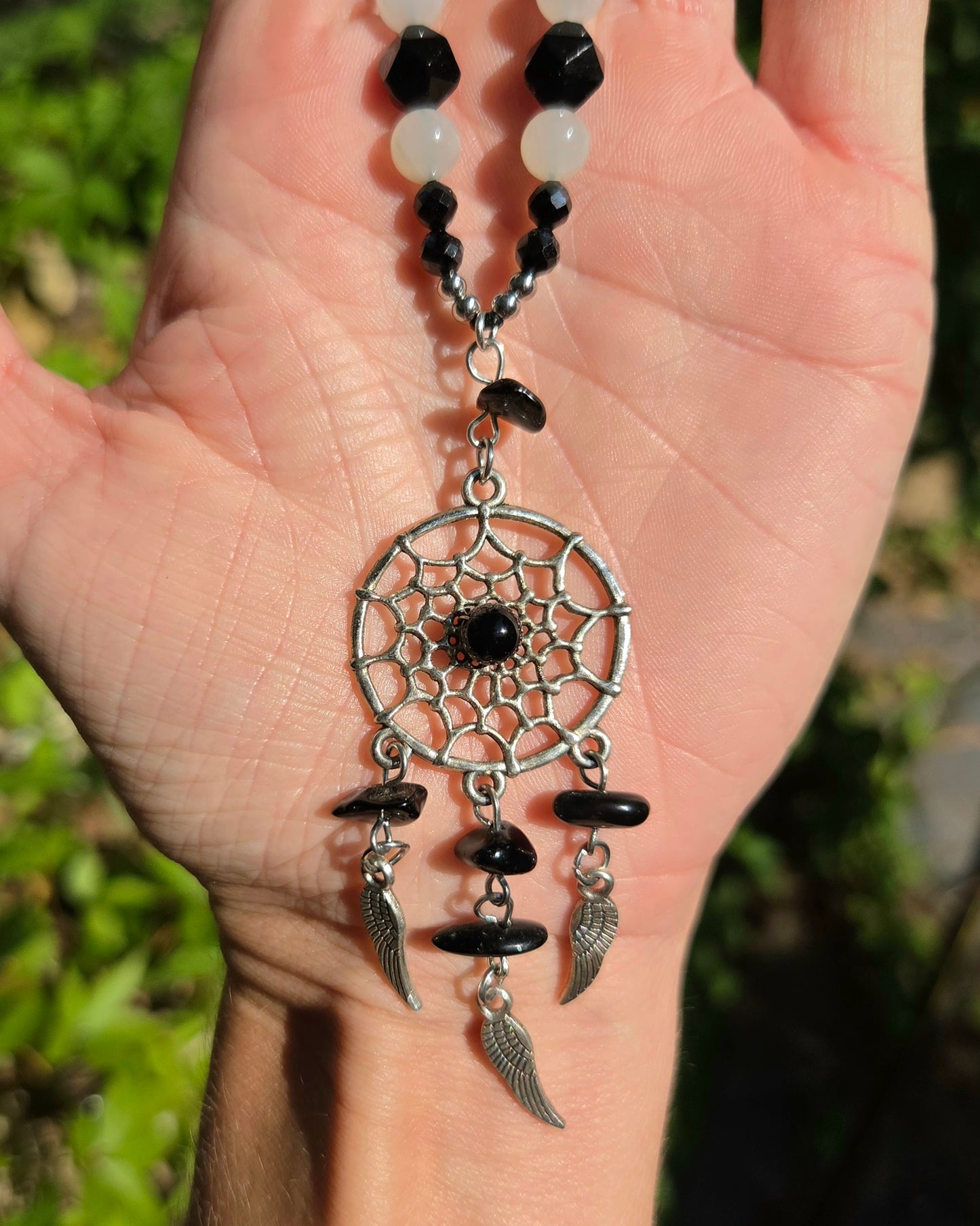 Obsidian Dreamcatcher Macrame Necklace