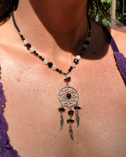 Obsidian Dreamcatcher Macrame Necklace