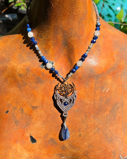 Blue Kyanite Moon & Lotus Macrame Necklace