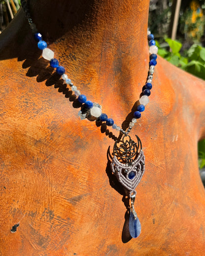 Blue Kyanite Moon & Lotus Macrame Necklace