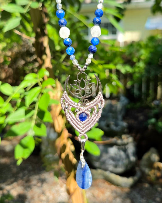Blue Kyanite Moon & Lotus Macrame Necklace