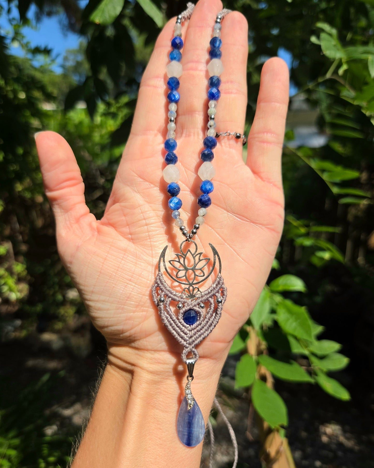 Blue Kyanite Moon & Lotus Macrame Necklace