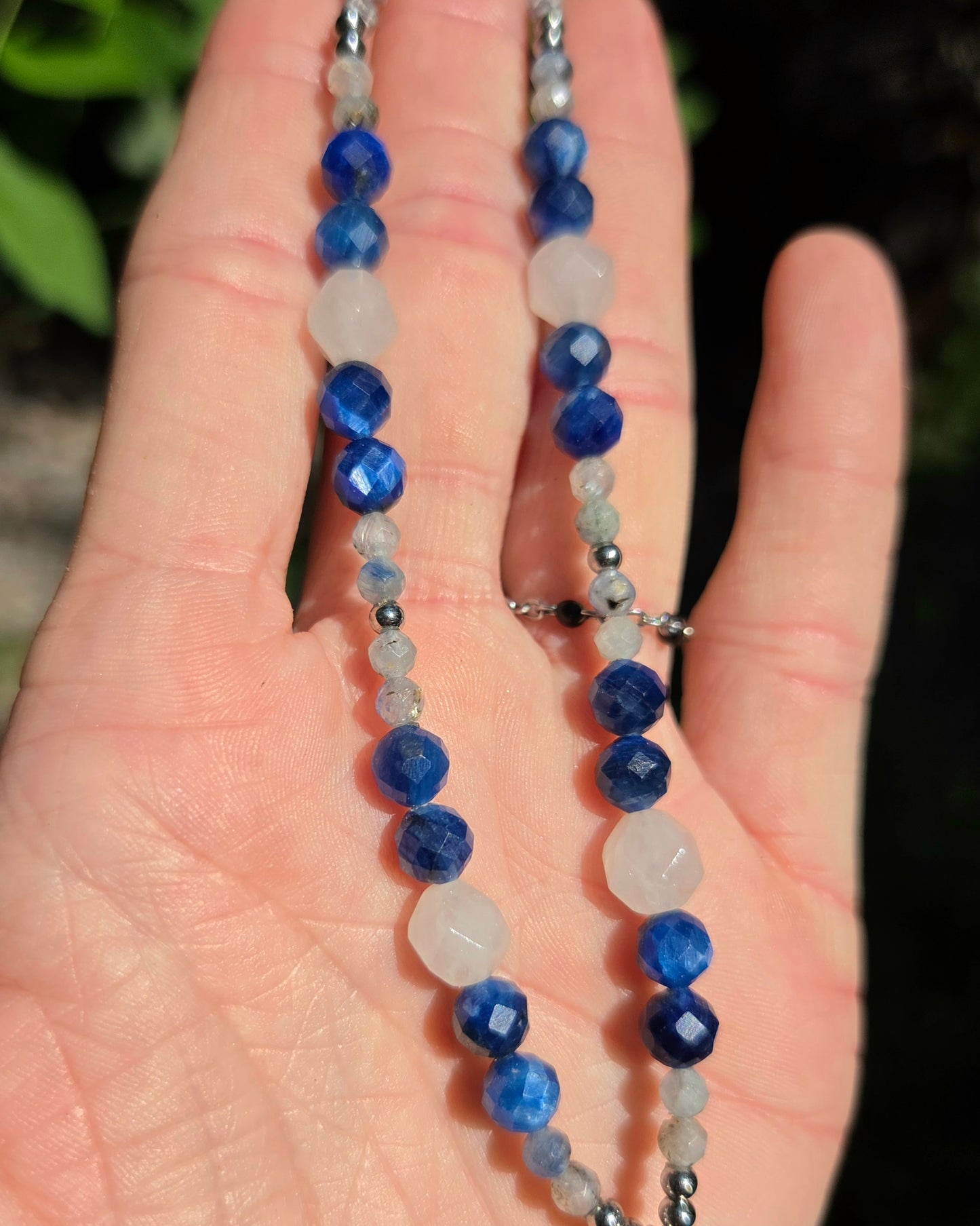 Blue Kyanite Moon & Lotus Macrame Necklace