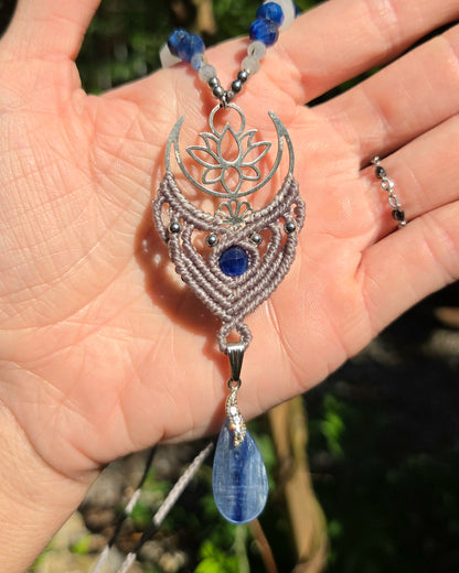 Blue Kyanite Moon & Lotus Macrame Necklace