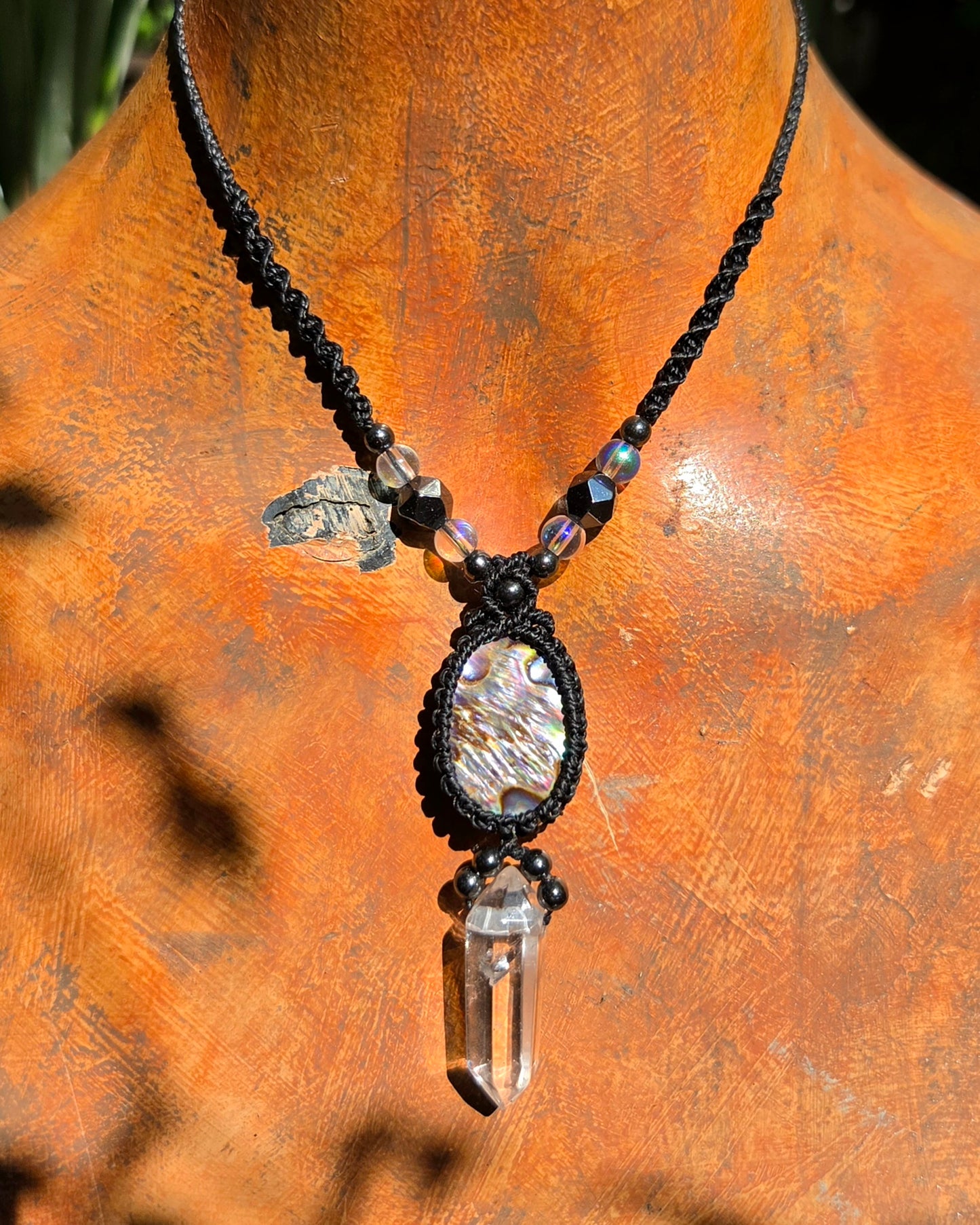 Abalone Shell & Clear Quartz Macrame Necklace