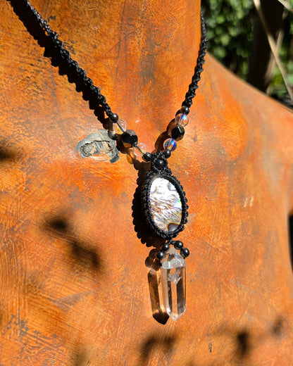 Abalone Shell & Clear Quartz Macrame Necklace