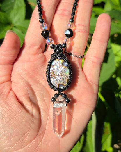 Abalone Shell & Clear Quartz Macrame Necklace