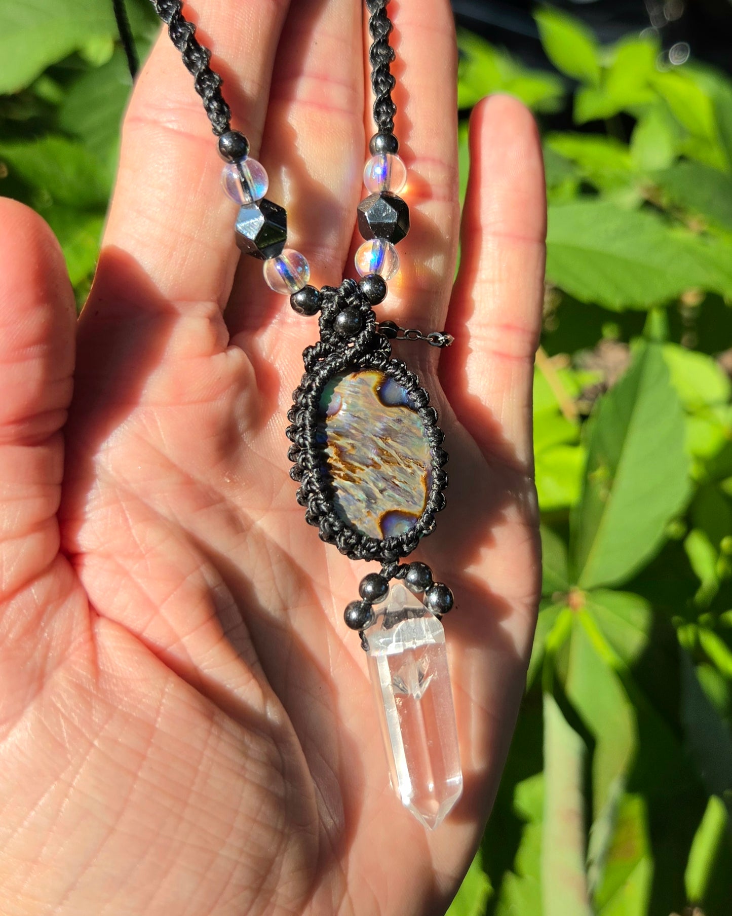 Abalone Shell & Clear Quartz Macrame Necklace