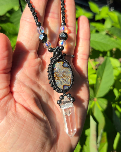Abalone Shell & Clear Quartz Macrame Necklace