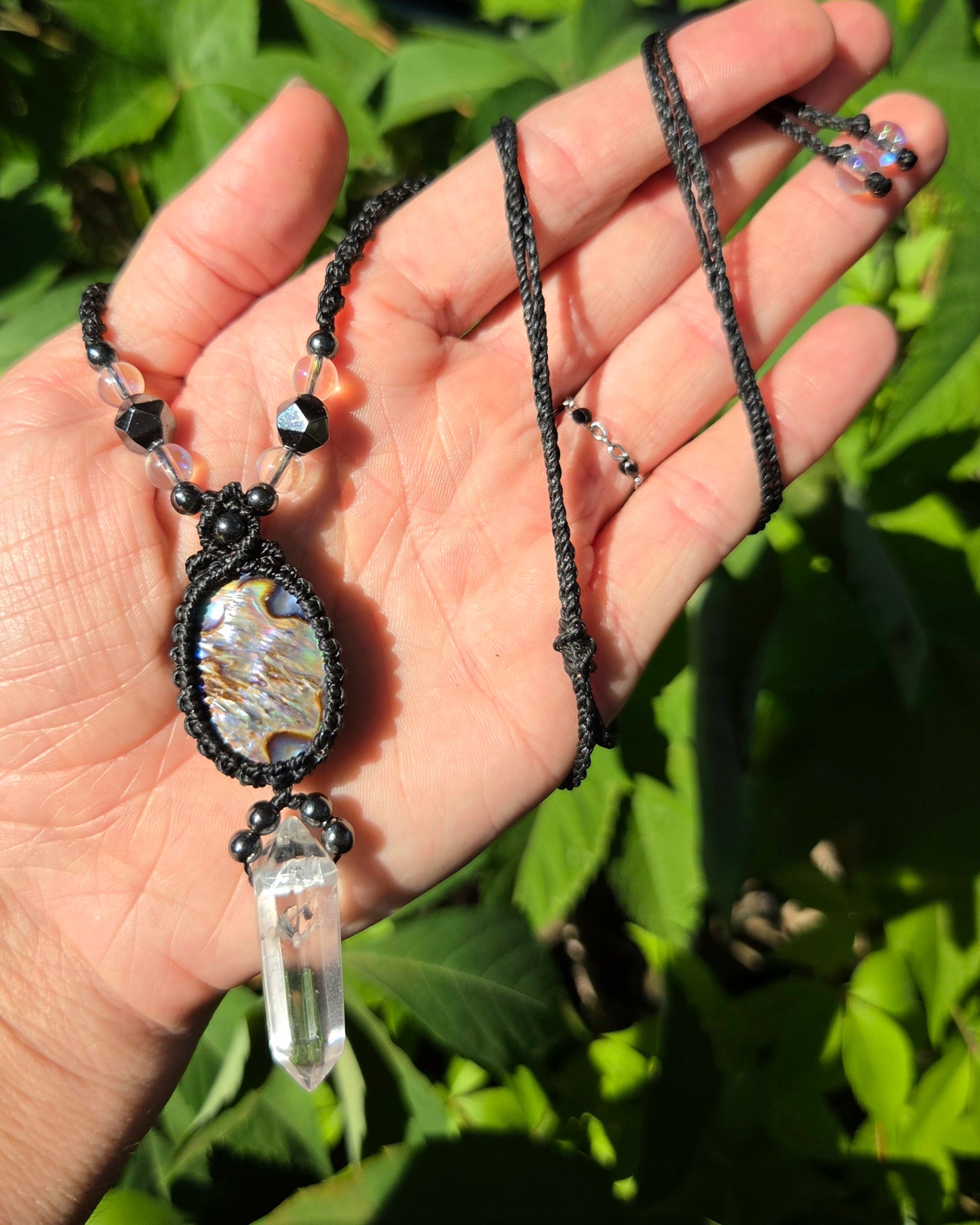 Abalone Shell & Clear Quartz Macrame Necklace