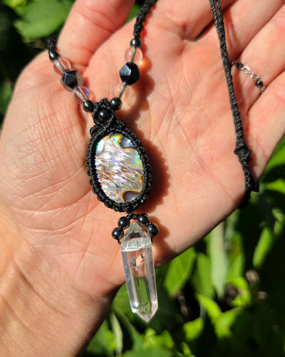 Abalone Shell & Clear Quartz Macrame Necklace