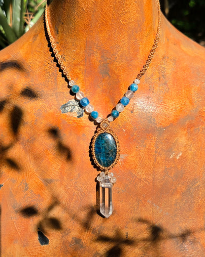 Blue Apatite & Clear Quartz Macrame Necklace