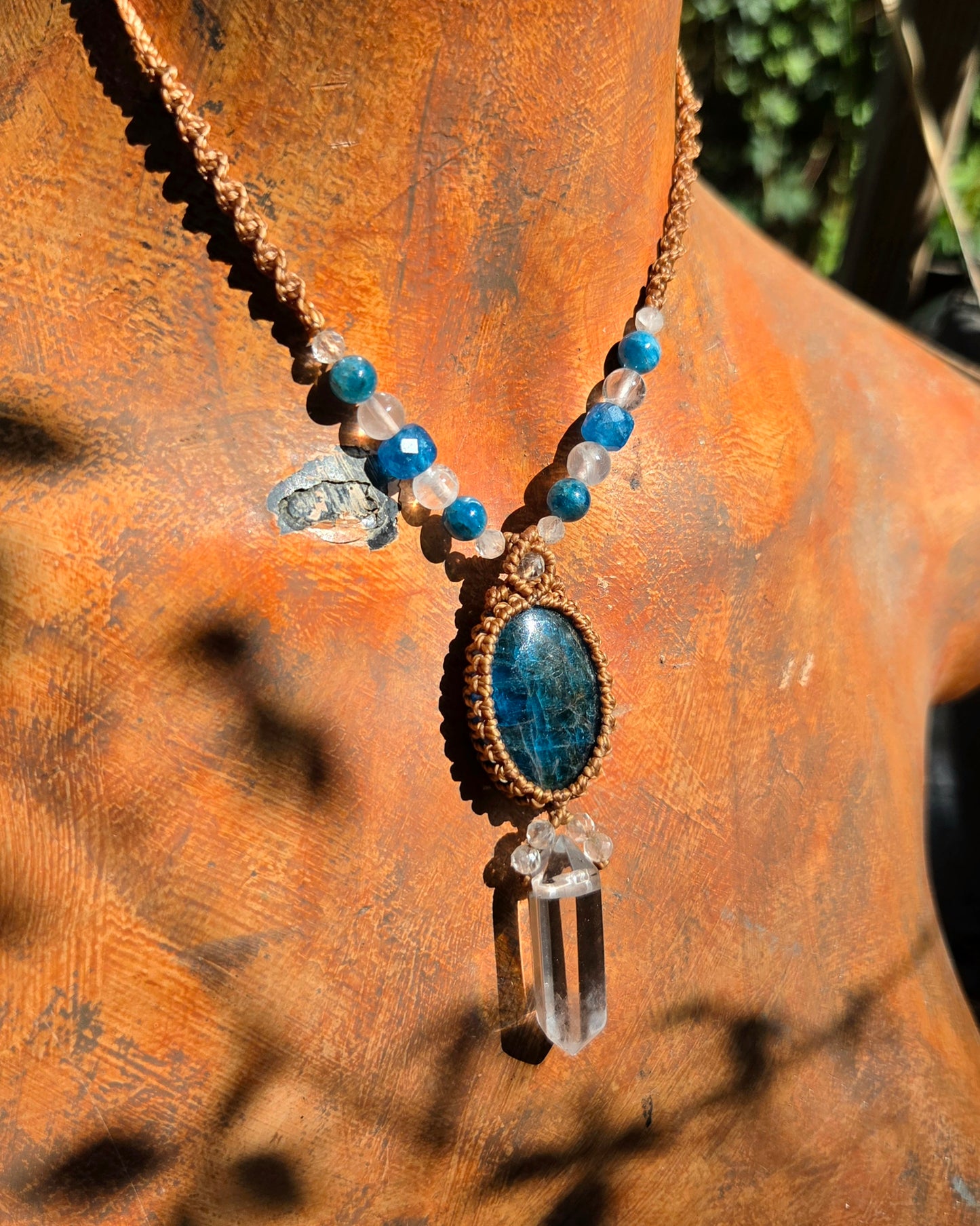 Blue Apatite & Clear Quartz Macrame Necklace