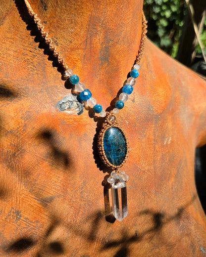 Blue Apatite & Clear Quartz Macrame Necklace