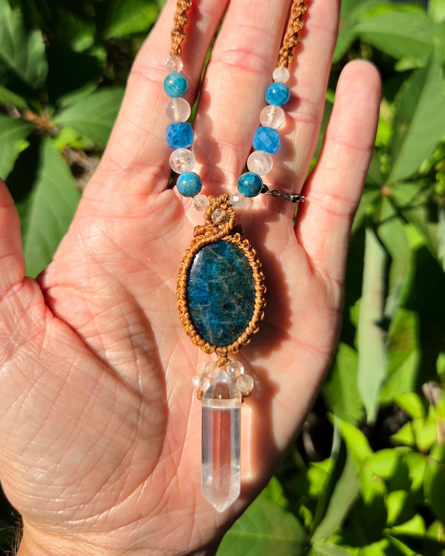 Blue Apatite & Clear Quartz Macrame Necklace