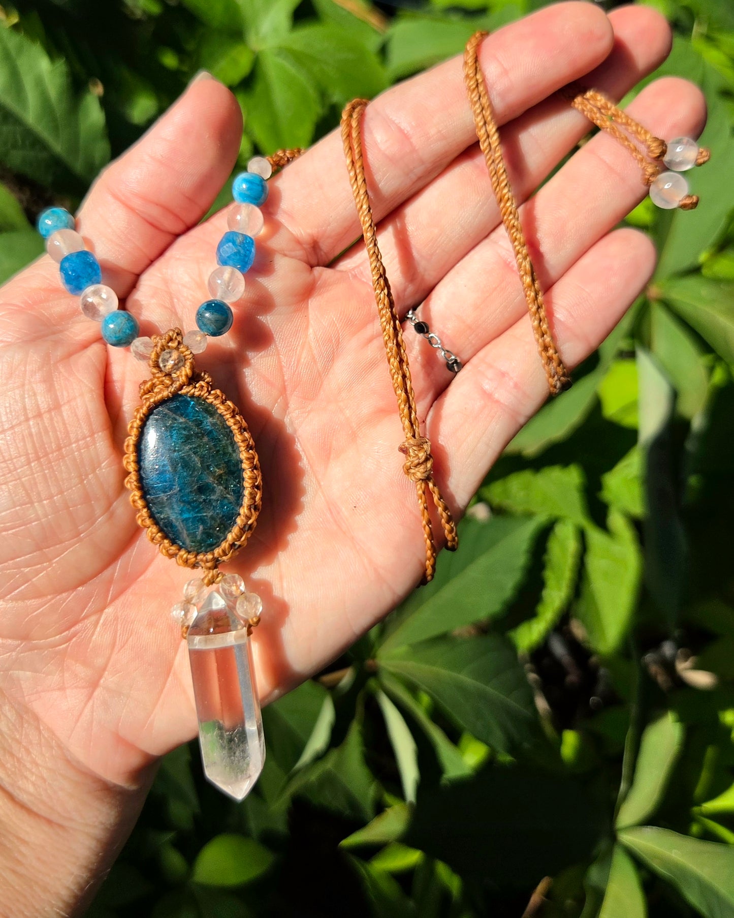 Blue Apatite & Clear Quartz Macrame Necklace