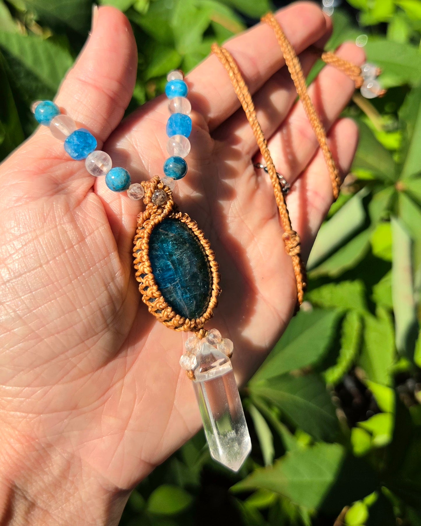 Blue Apatite & Clear Quartz Macrame Necklace