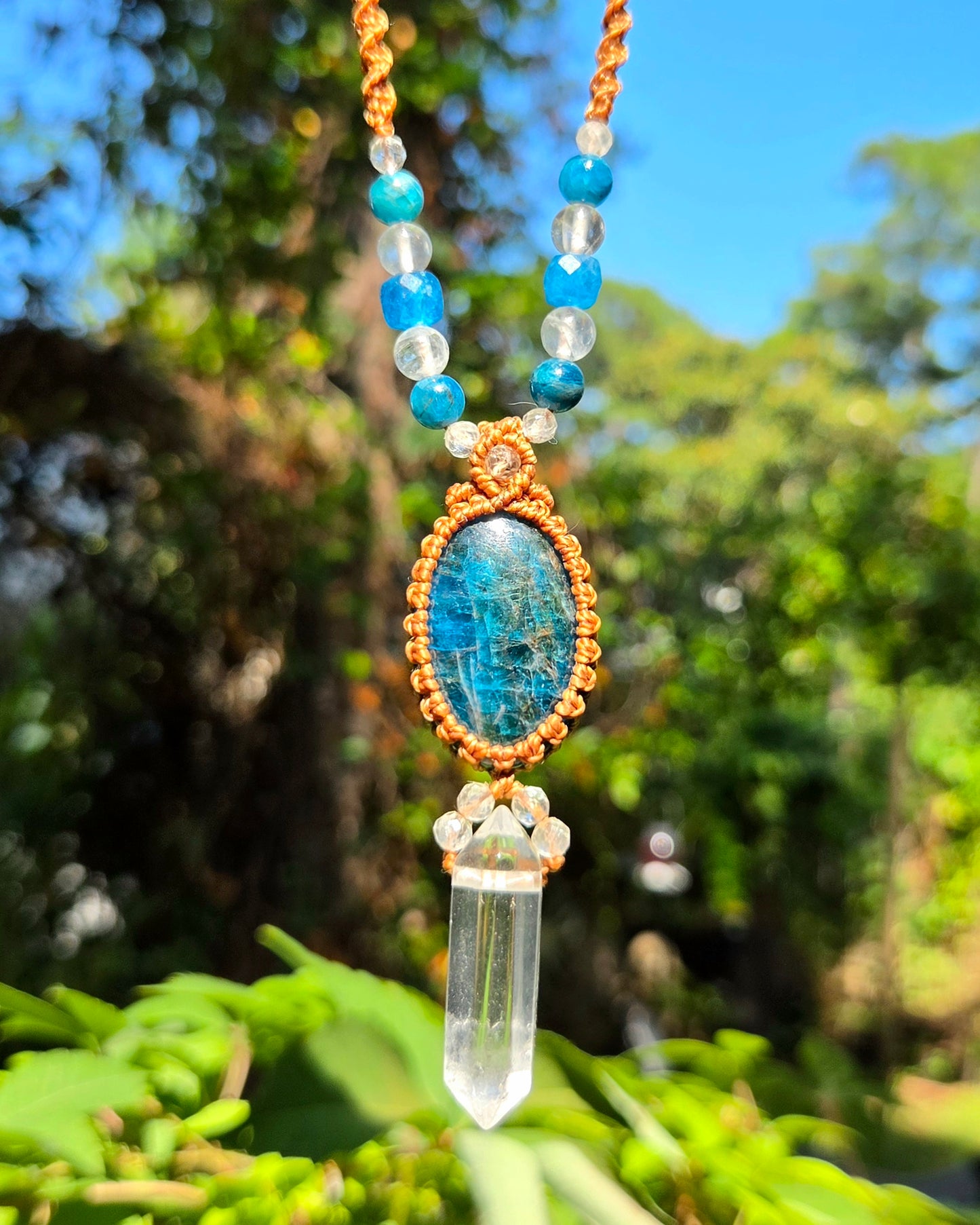 Blue Apatite & Clear Quartz Macrame Necklace