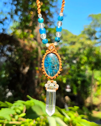 Blue Apatite & Clear Quartz Macrame Necklace