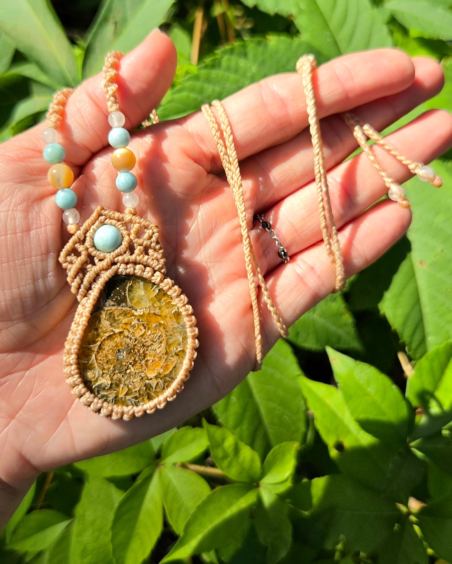 Ammonite & Larimar Macrame Necklace