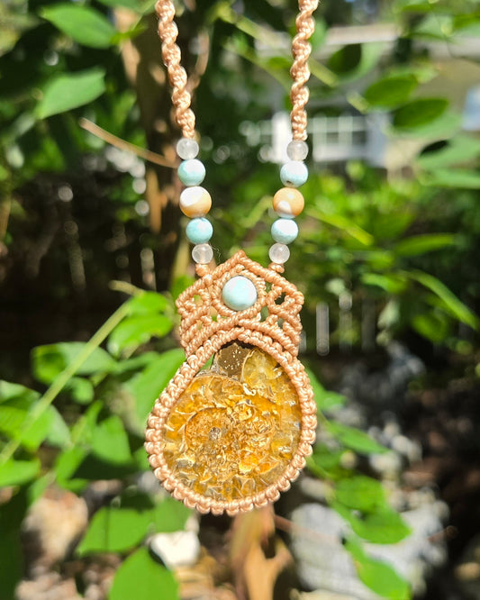 Ammonite & Larimar Macrame Necklace