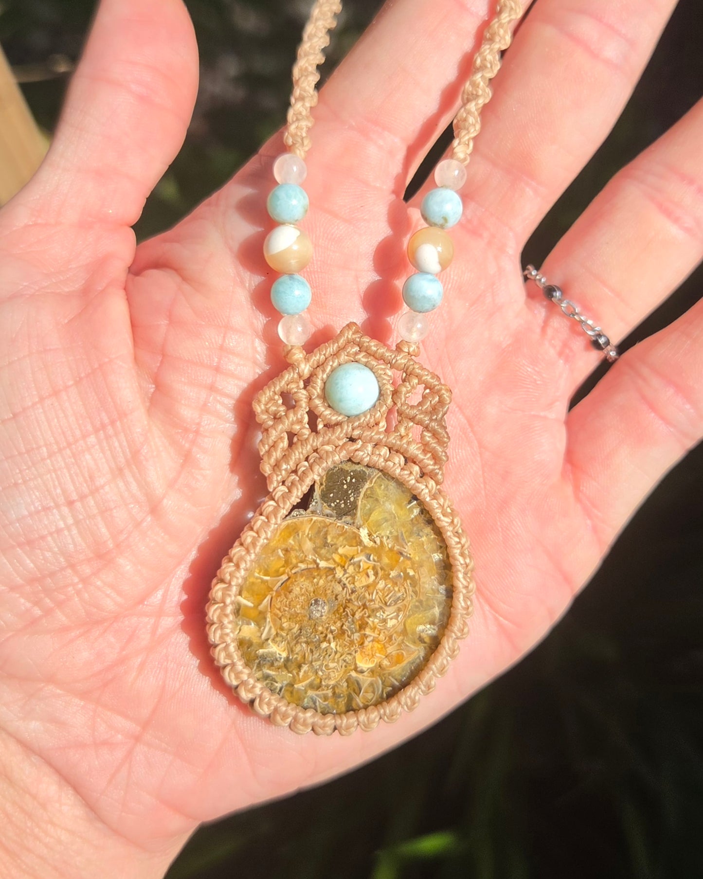 Ammonite & Larimar Macrame Necklace