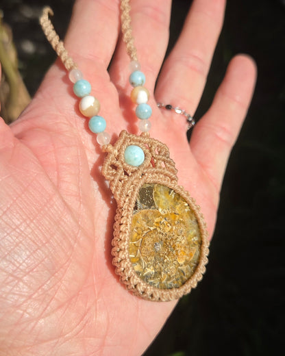 Ammonite & Larimar Macrame Necklace