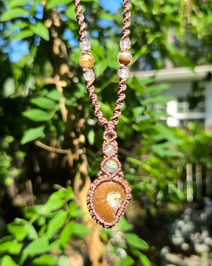 Iridescent Ammonite Macrame Necklace