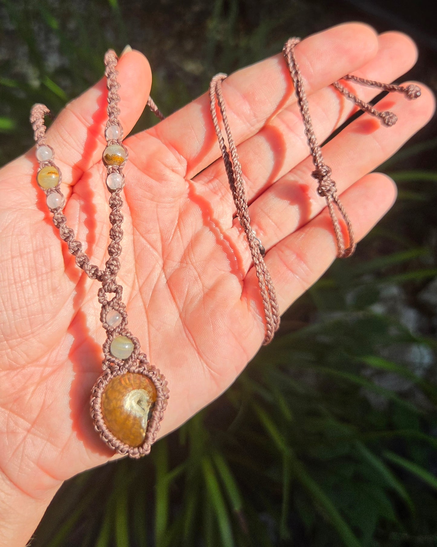 Iridescent Ammonite Macrame Necklace