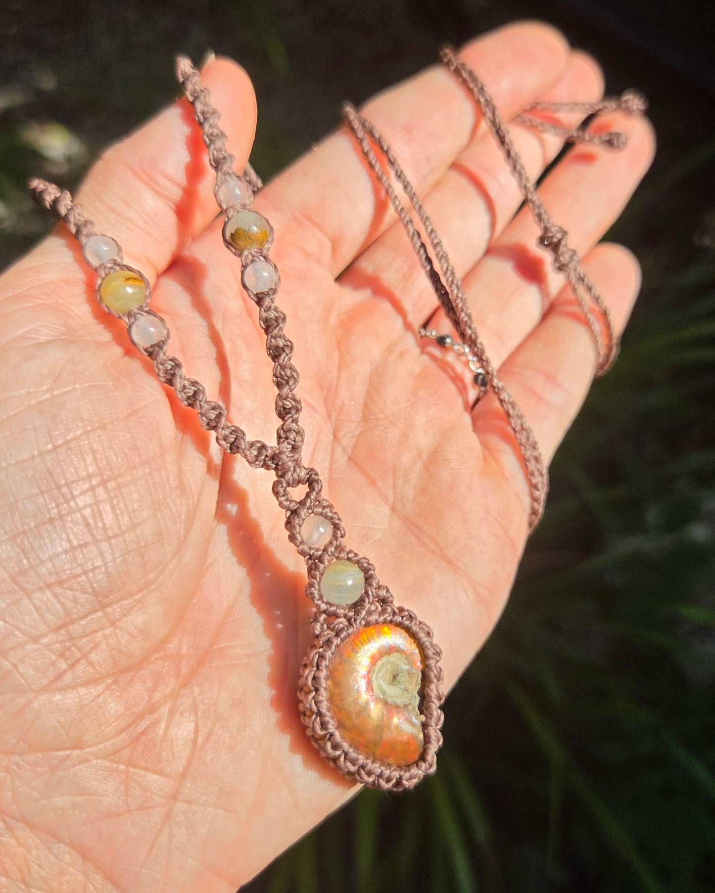 Iridescent Ammonite Macrame Necklace