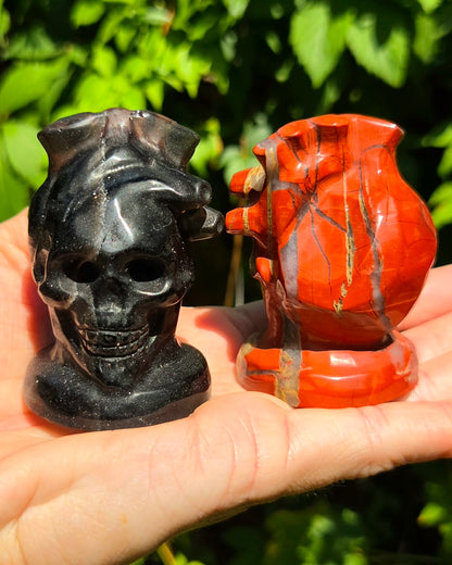 Skull with Anatomical Heart (Black Obsidian or Red Jasper)