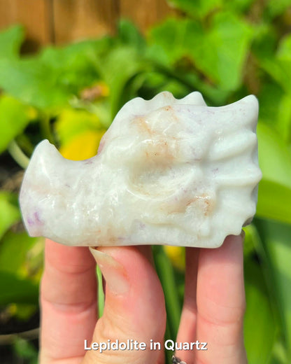 Dragon Skulls (Clear Quartz, Lepidolite in Quartz, or Red Sesame Jasper)