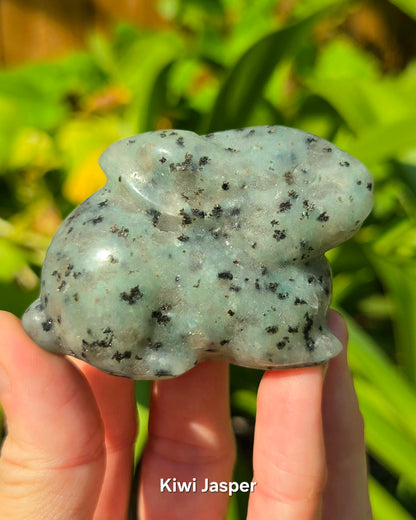 Bunny Rabbits (Kiwi Jasper, Orange Calcite, or Serpentine in Pink Aventurine)