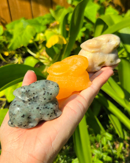 Bunny Rabbits (Kiwi Jasper, Orange Calcite, or Serpentine in Pink Aventurine)