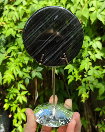 Midnight Lace Obsidian Scrying Mirror on Stand