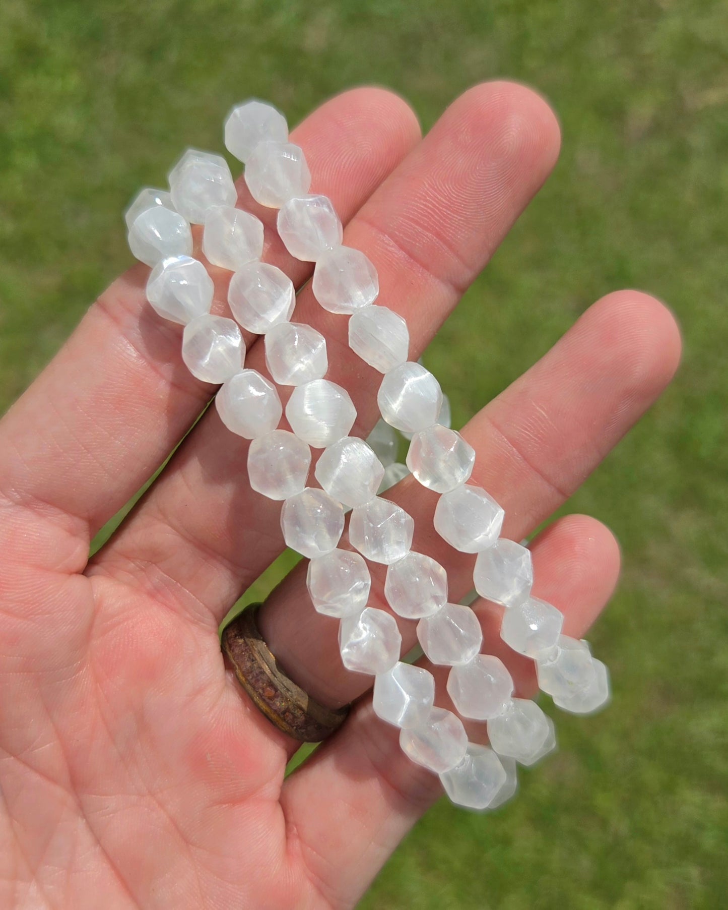 Faceted Satin Spar Selenite Gypsum Stretchy Bracelet
