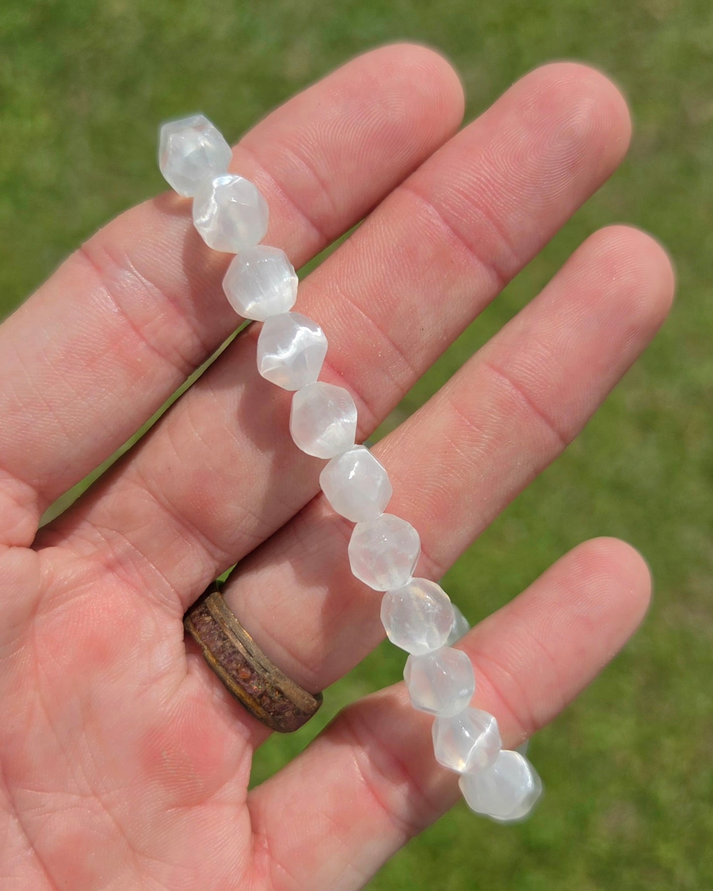 Faceted Satin Spar Selenite Gypsum Stretchy Bracelet