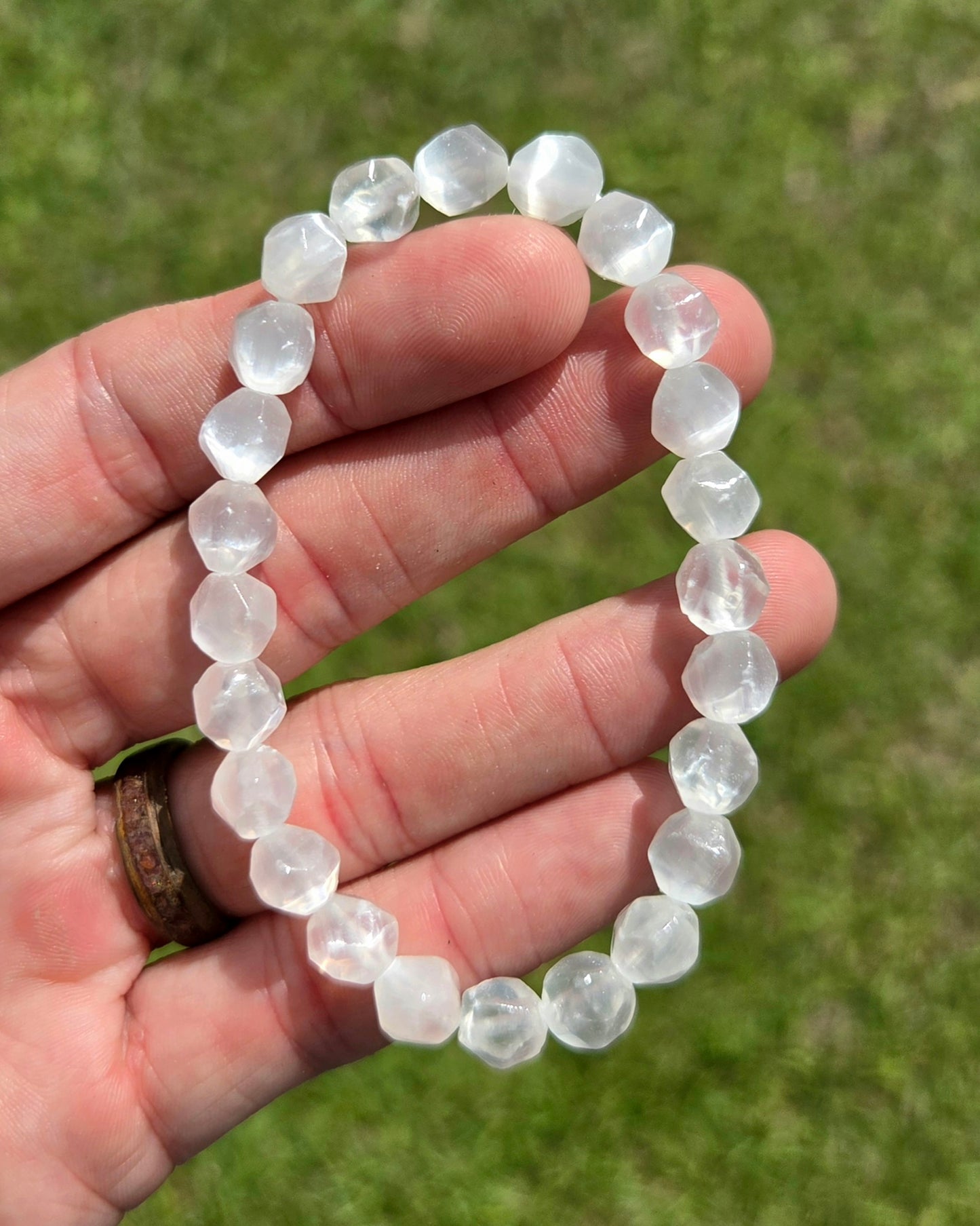 Faceted Satin Spar Selenite Gypsum Stretchy Bracelet