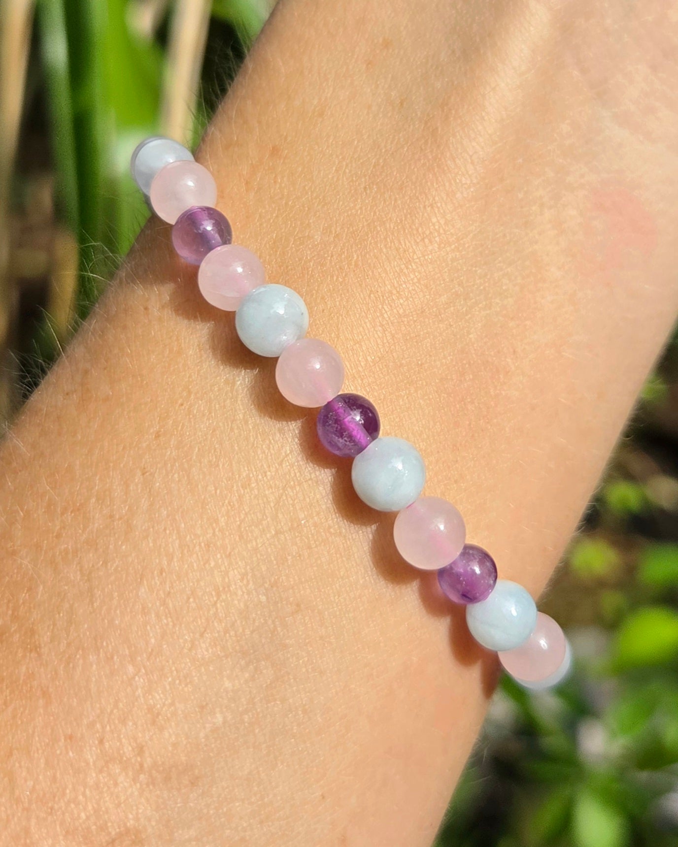 Inner Peace Stretchy Bracelet with Aquamarine, Amethyst, and Rose Quartz