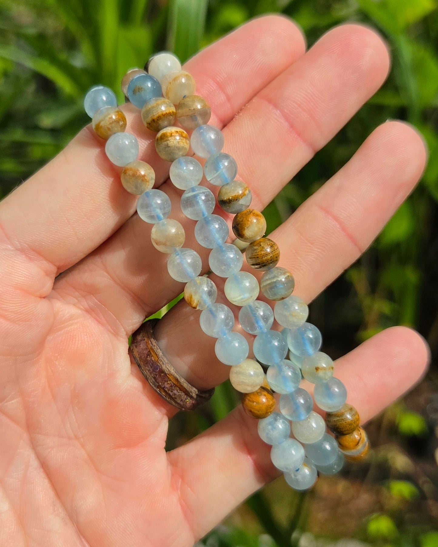 Aquatine Lemurian Calcite Stretchy Bracelet aka Banded Blue Calcite