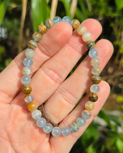 Aquatine Lemurian Calcite Stretchy Bracelet aka Banded Blue Calcite