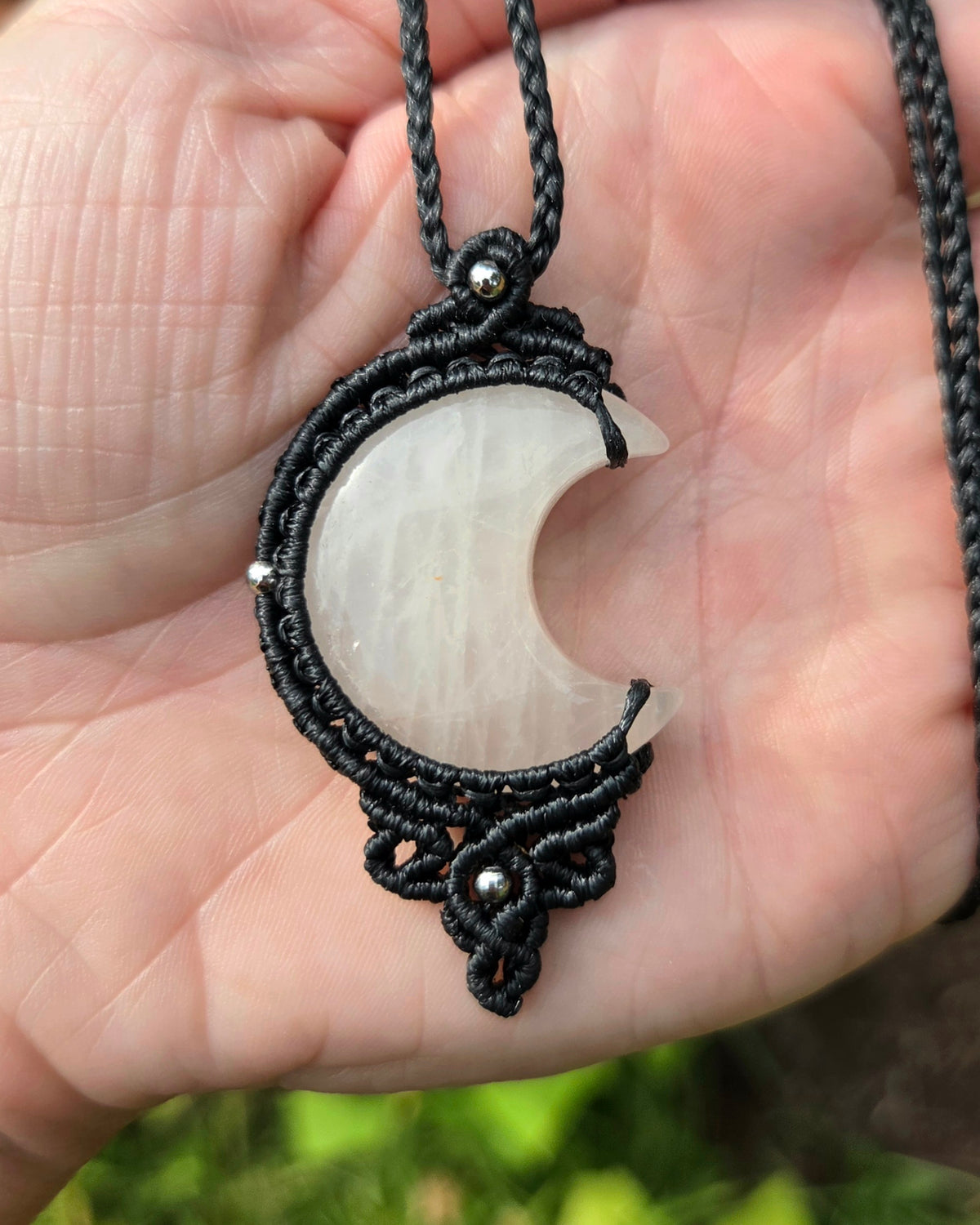 Rose Quartz Moon Macrame Necklace
