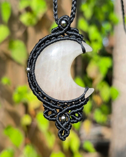Rose Quartz Moon Macrame Necklace