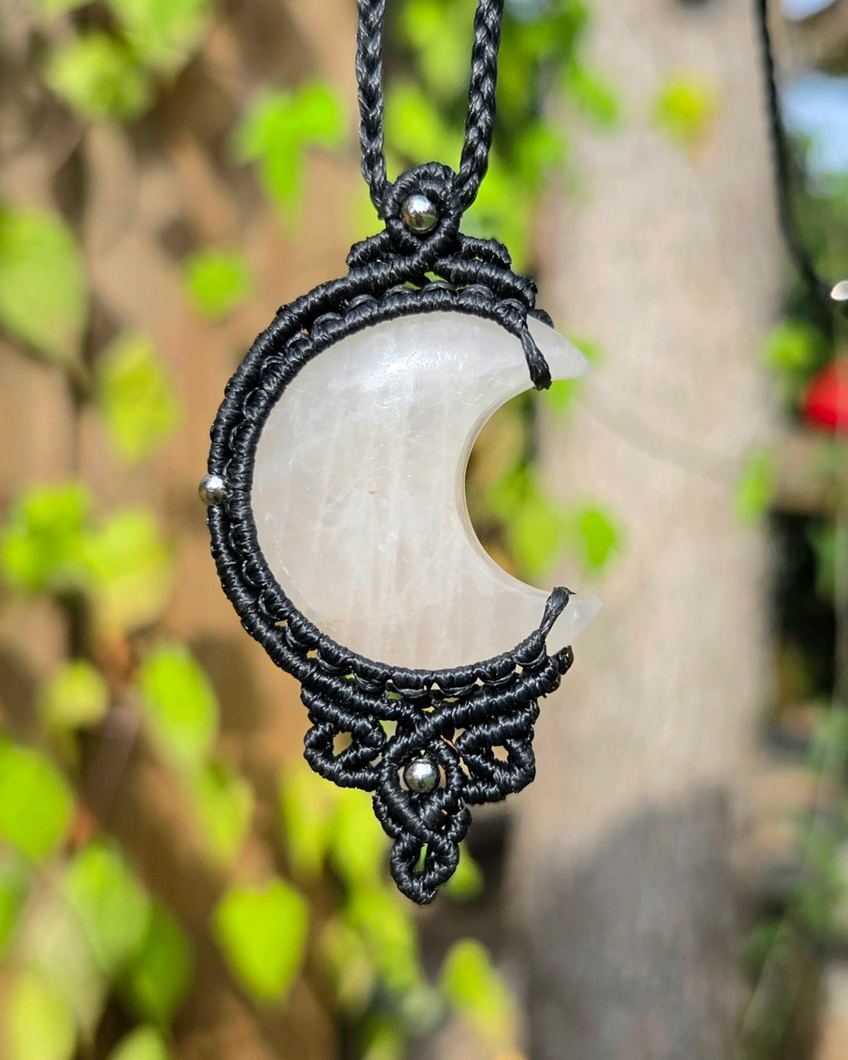 Rose Quartz Moon Macrame Necklace