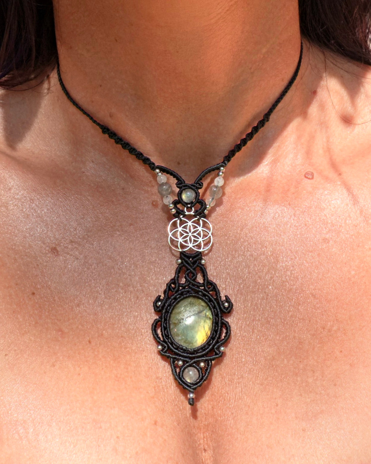 Labradorite & Seed of Life Macrame Necklace