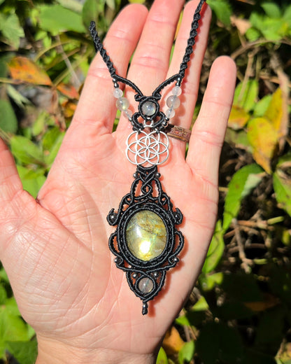 Labradorite & Seed of Life Macrame Necklace