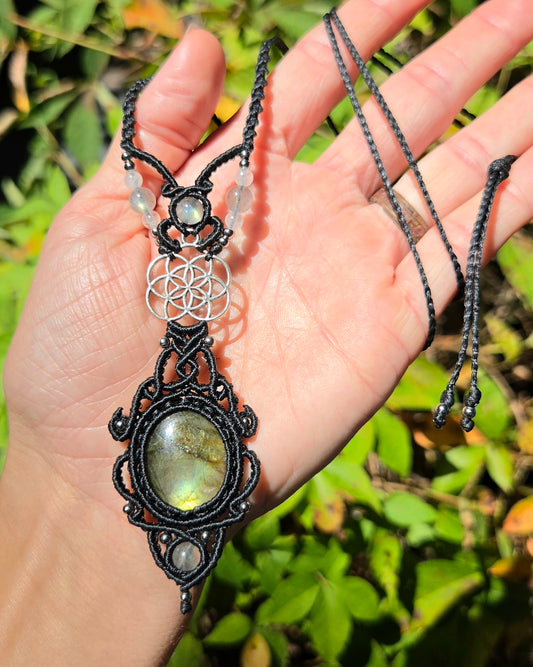 Labradorite & Seed of Life Macrame Necklace