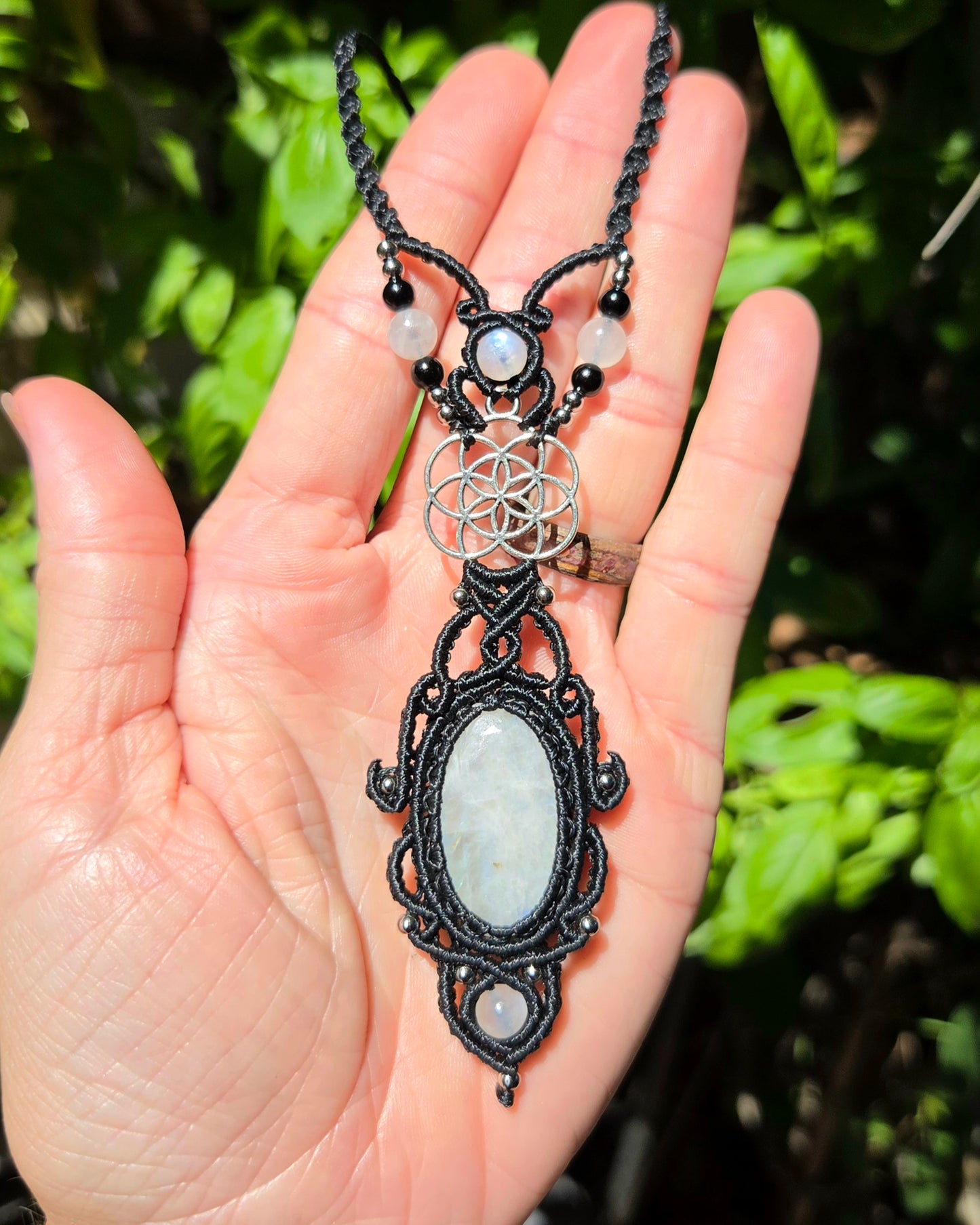 Rainbow Moonstone & Seed of Life Macrame Necklace